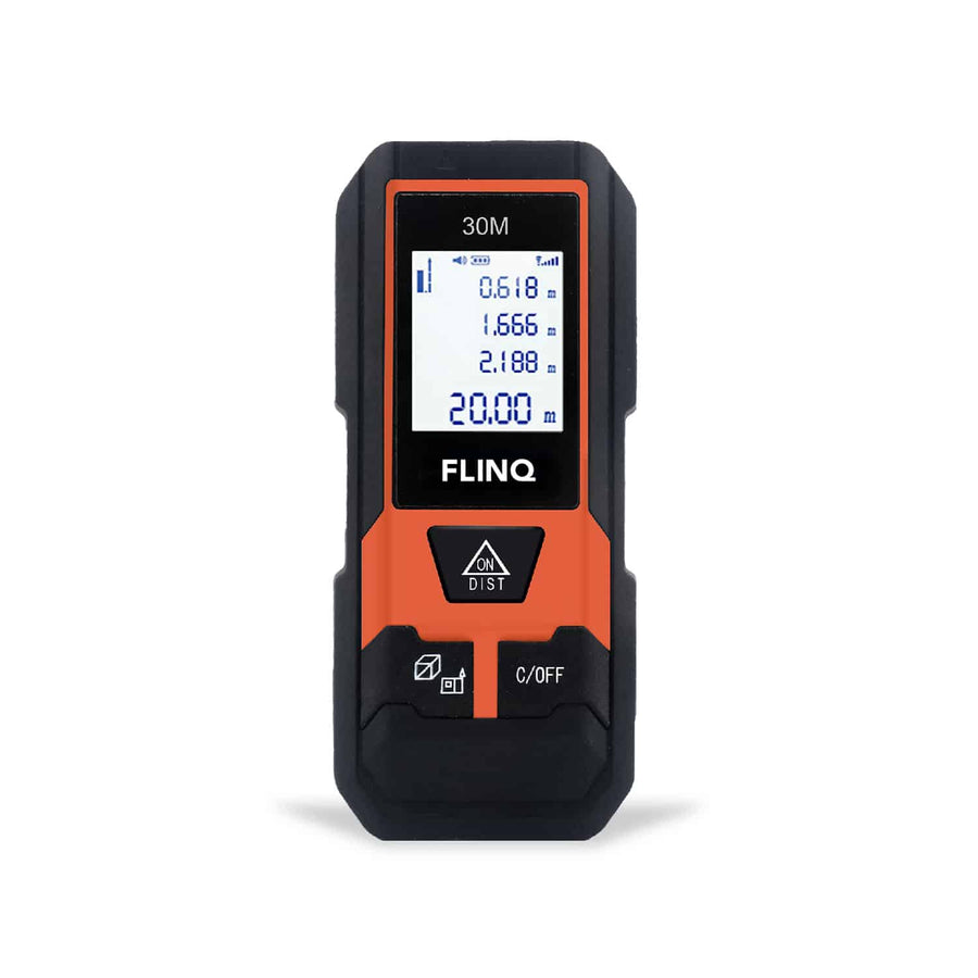 FlinQ Digital Promeasure FQC8428 zwart-oranje laserafstandsmeter op witte achtergrond